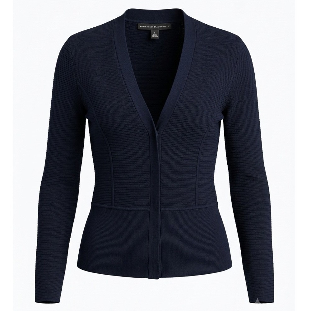 White House Black Market Navy Minimalist Ottoman Ribbed Hook Eye Cardigan S